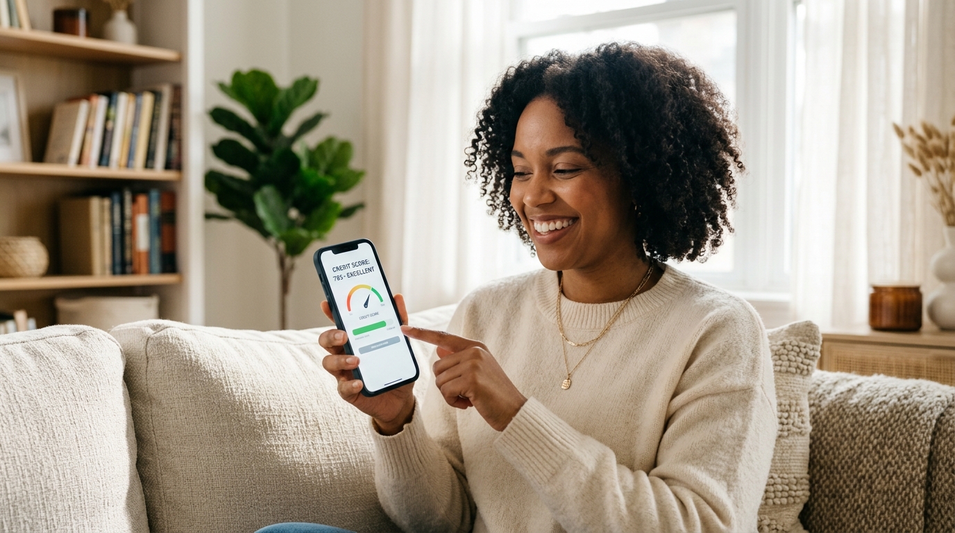 Person reviewing credit score on a phone after making loan payments on time