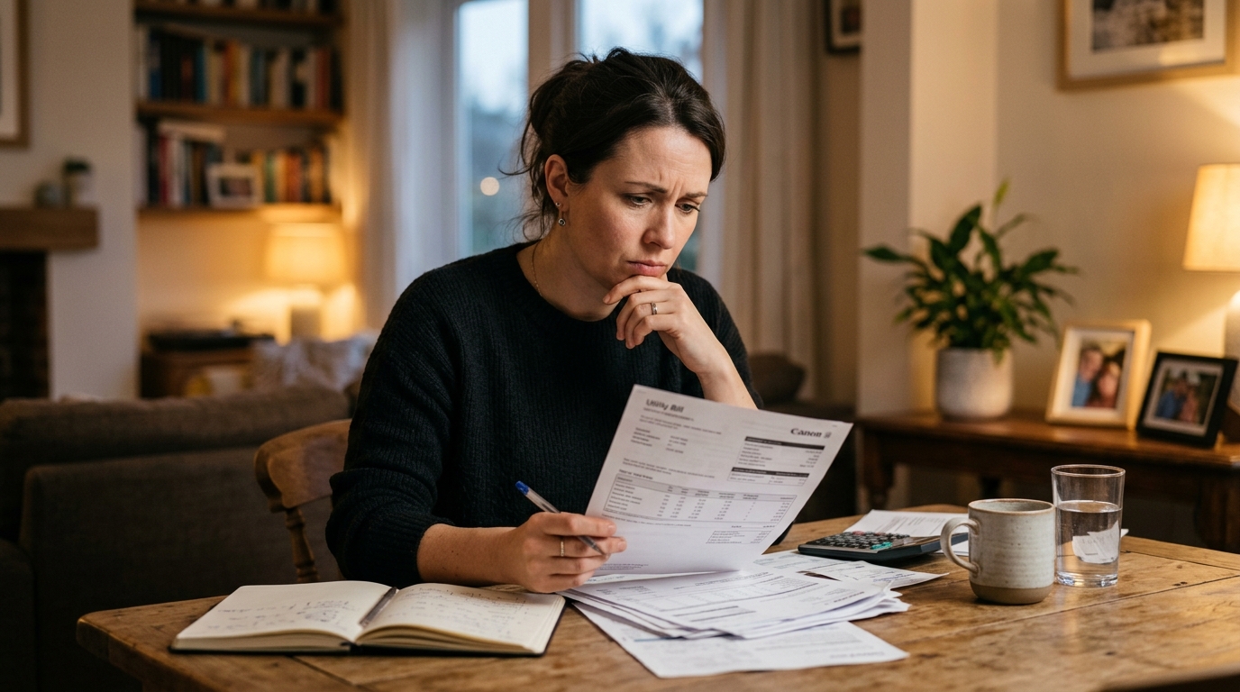 Person looking concerned at financial documents, representing loan repayment stress