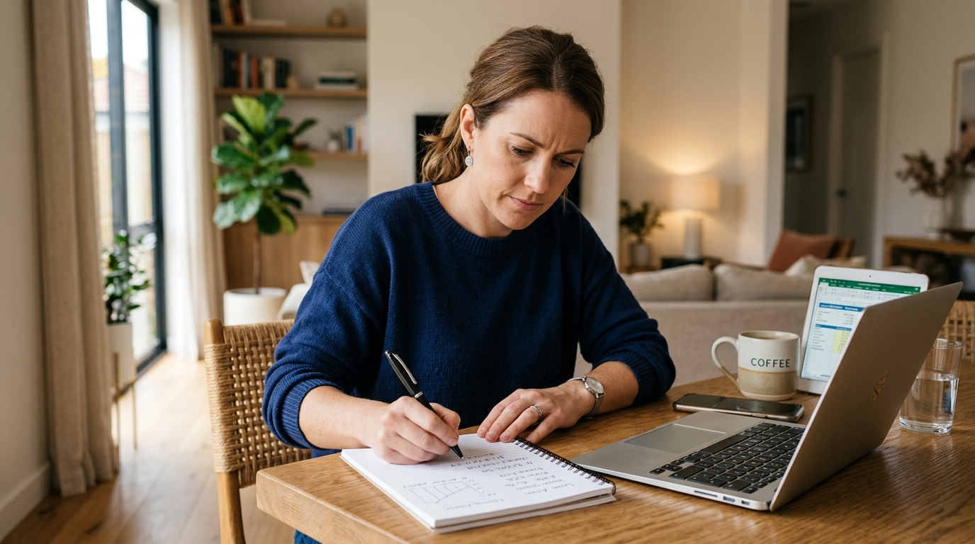 Person reviewing loan documents and calculating repayment amounts at a table