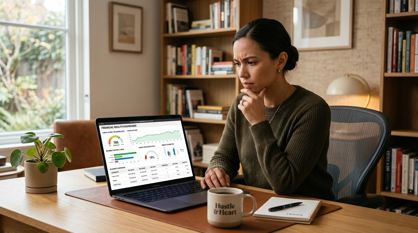 Person checking credit report on a laptop, looking at account history and score factors