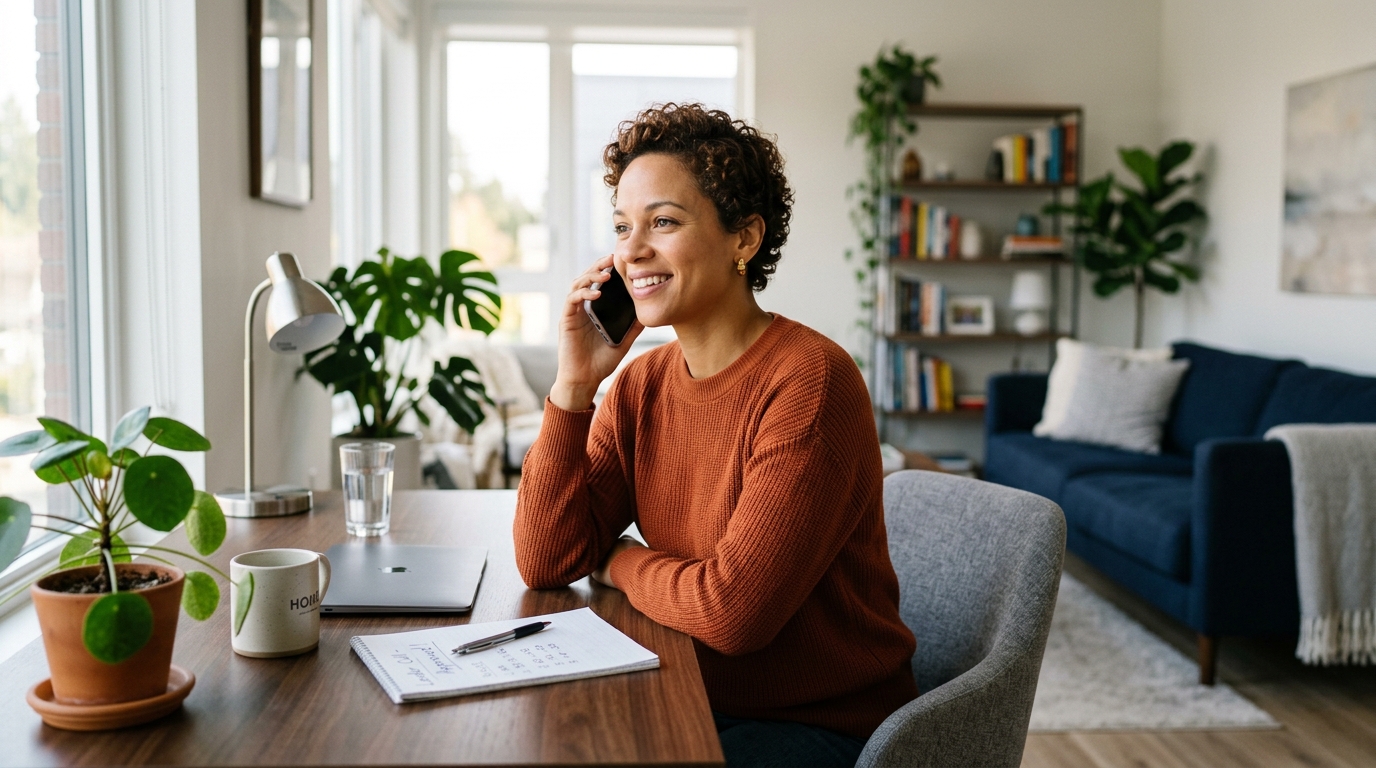 Person on a phone call with a lender discussing loan payment options, calm home setting
