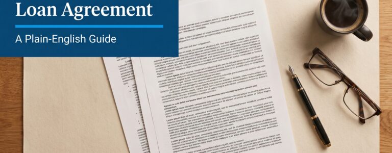 Loan agreement plain-English guide banner showing a clear printed contract with highlighted key clauses