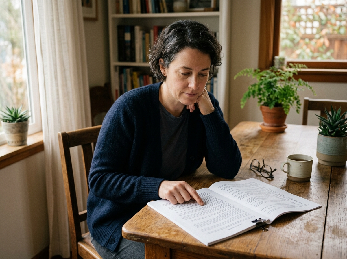 A borrower carefully reading a printed personal loan agreement at home, finger tracing a line on the page