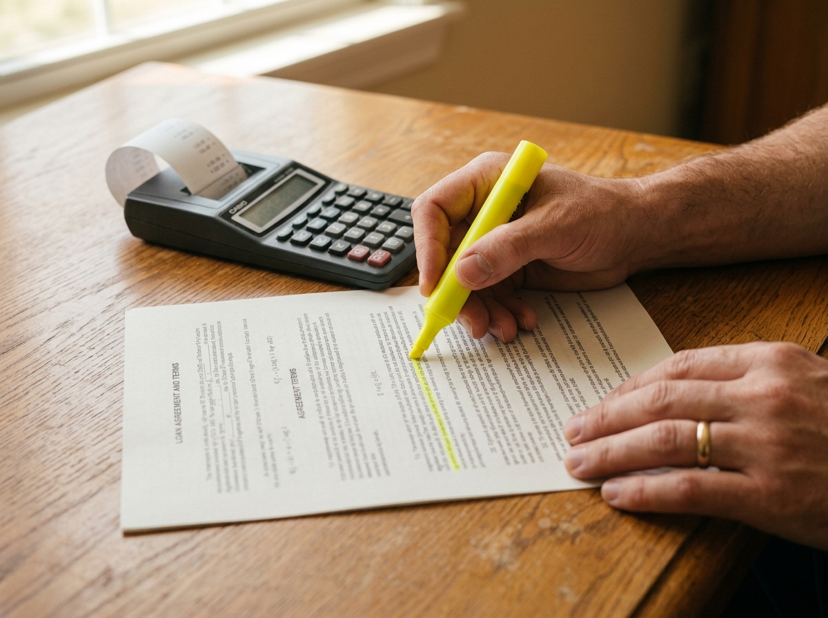 A person highlighting a specific clause on a loan agreement with a yellow highlighter, calculator nearby