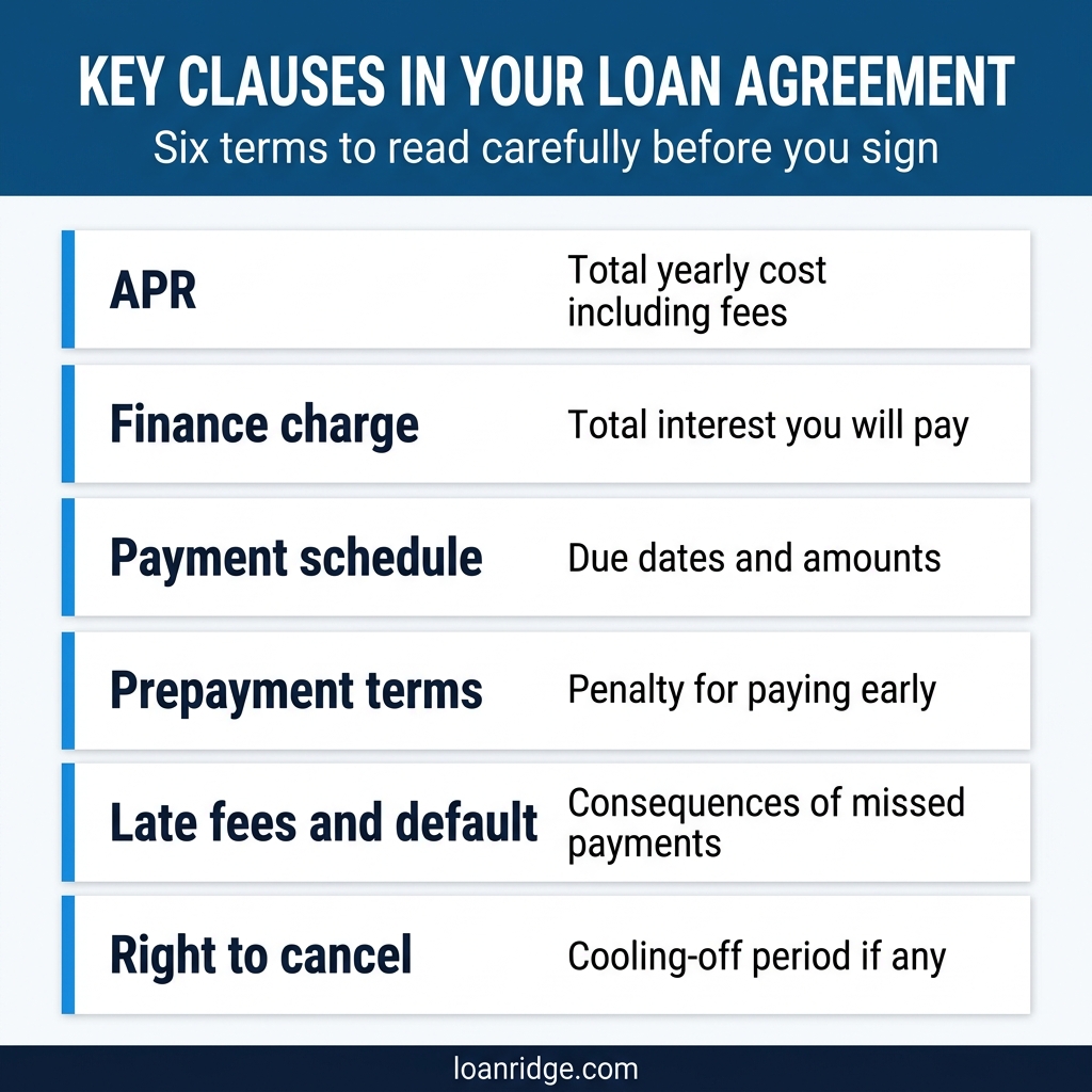 Six key clauses in a personal loan agreement: APR, finance charge, payment schedule, prepayment terms, late fees, and right to cancel