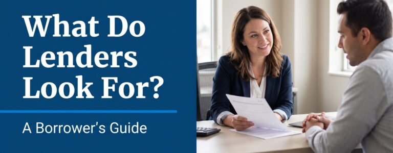Loan approval factors banner showing a borrower reviewing application paperwork with what do lenders look for