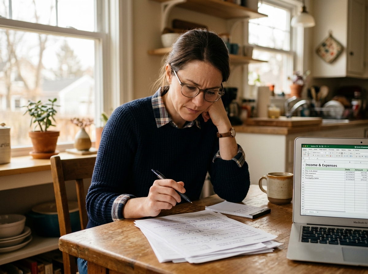 A borrower at a kitchen table reviewing a personal loan application alongside a laptop and printed pay stub records