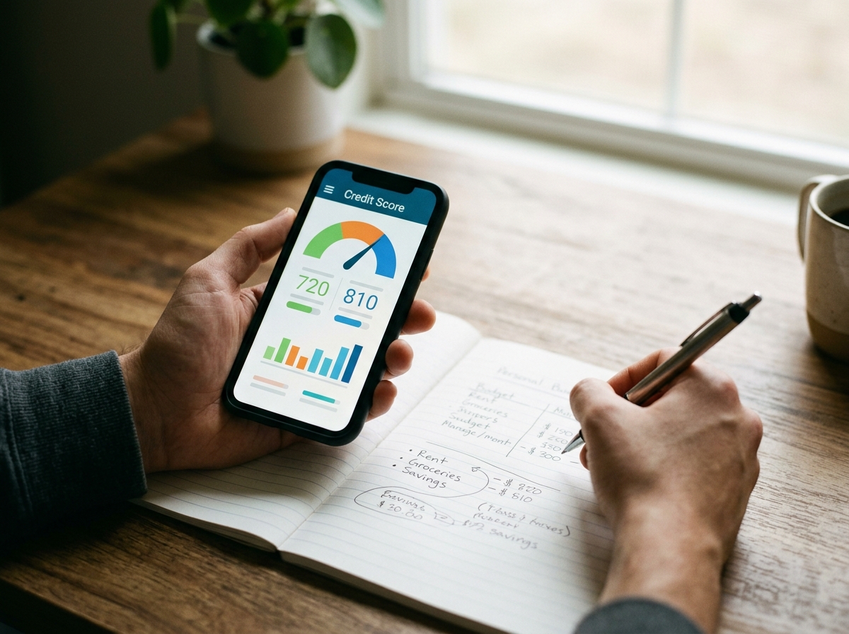 Hands holding a phone displaying a credit score dashboard next to a notebook with handwritten budget calculations for loan approval factors