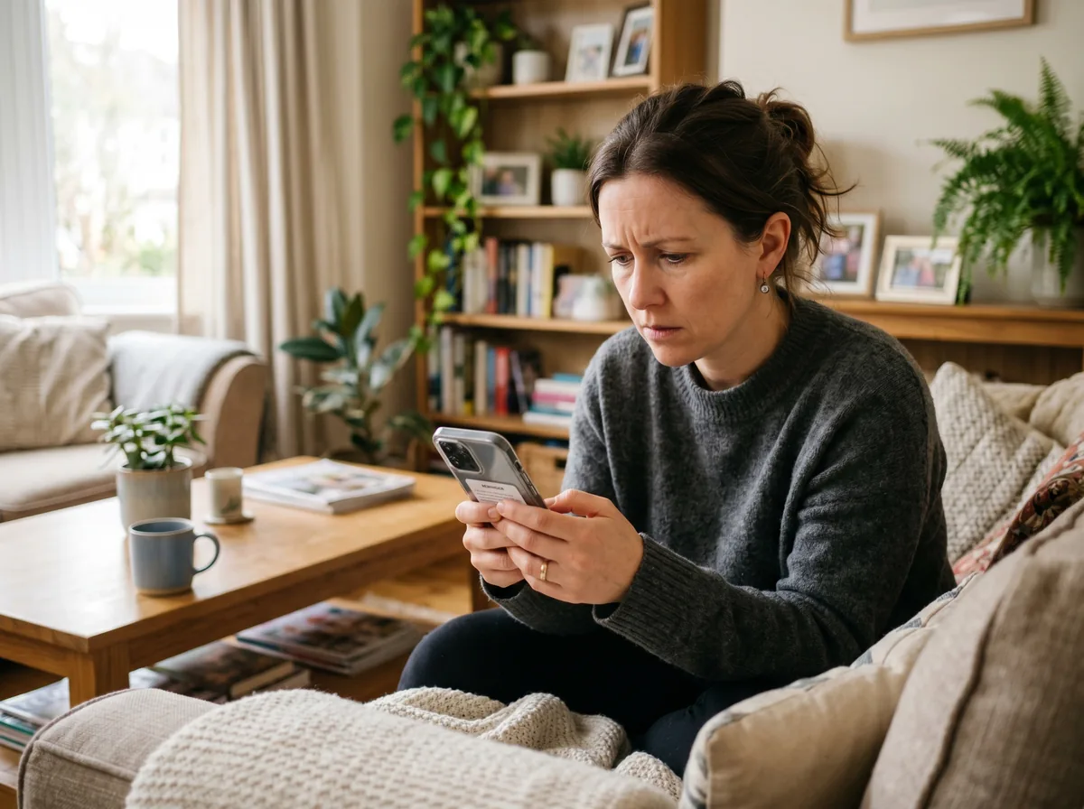 A worried borrower looking at a phone calendar reminder about an upcoming loan payment