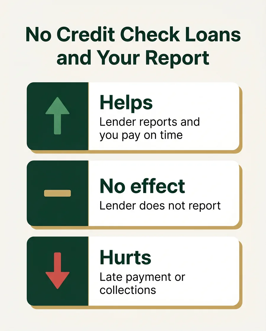 Infographic comparing when a no credit check loan helps, hurts, or has no effect on your credit