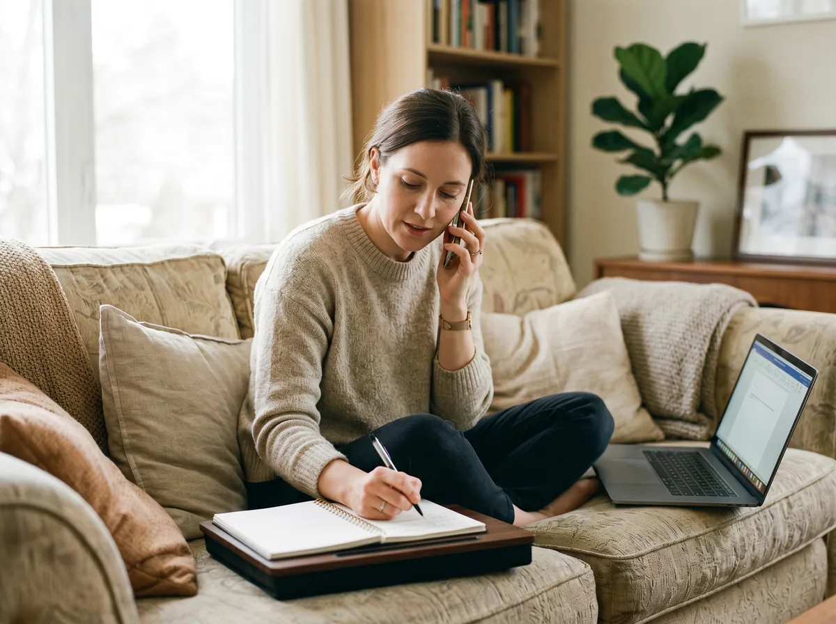A borrower on the phone taking notes while reviewing debt collection rights paperwork